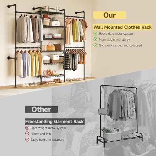 ONBRILL H3 Expandable Wall Mounted Closet System, Heavy Duty Clothing Rack
