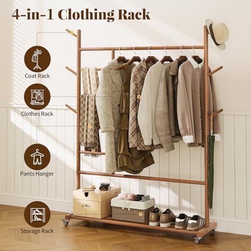 Yoobure Solid Wood Clothing Rack, 4-in-1 Wooden Clothes Rack with Wheels