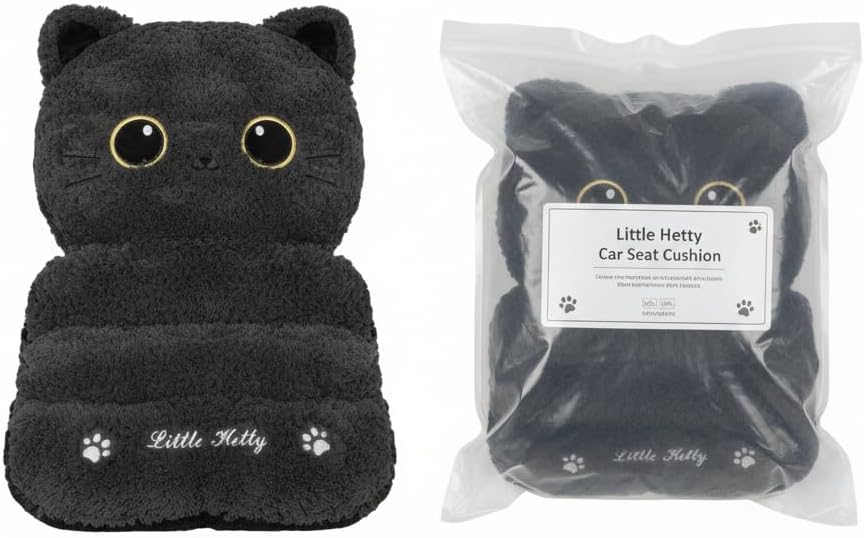 Plush Black Cat Car Seat Cushion and Backrest Combo - Comfy Universal Auto In...