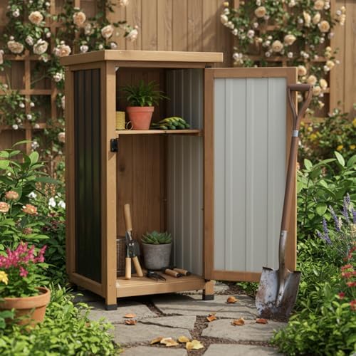 Small Outdoor Storage Cabinet, Wood & Metal Storage Shed with Weatherproo...
