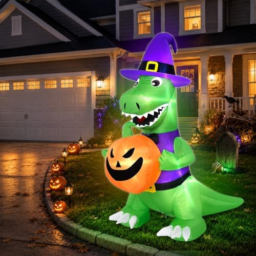 4 Ft Halloween Inflatables Witch Dinosaur Holding Pumpkin Built-in LEDs
