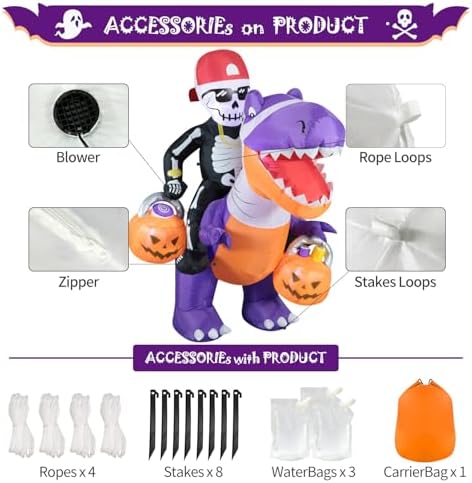 Domkom 6FT Halloween Inflatable Skeleton Riding Dinosaur Outdoor Yard Decor