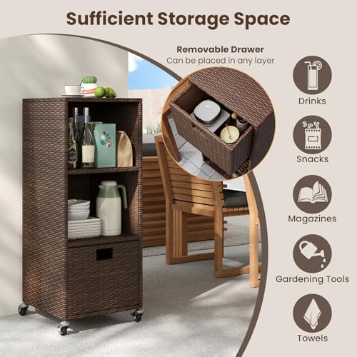 Tangkula Rattan Outdoor Storage Cabinet with 4 Wheels, Mix Brown