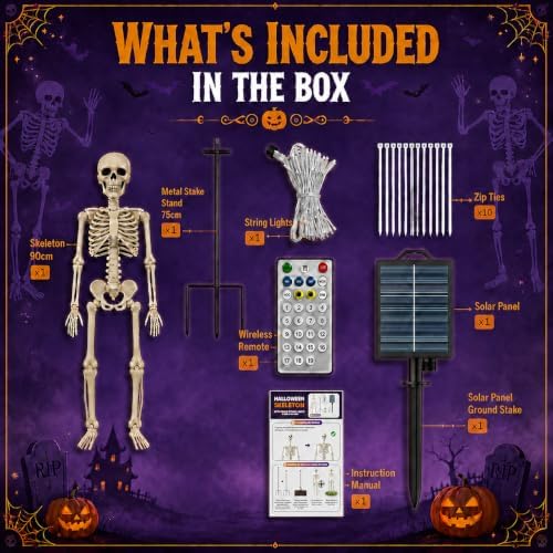 36" Solar Halloween Skeleton Decorations with Metal Stake & Warm Lights
