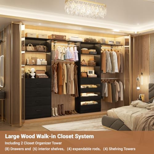 Aheaplus Closet System, Wood Closet Organizer System with 8 Drawers &4 Rods