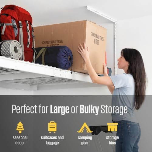 SafeRacks White 4x8 Overhead Storage Rack w/ 5-pc Hook Pack (24”-45" Drop)
