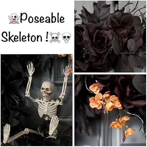 20" Pre-lit Halloween Black Moon Wreath with Poseable Skeleton, Handmade...
