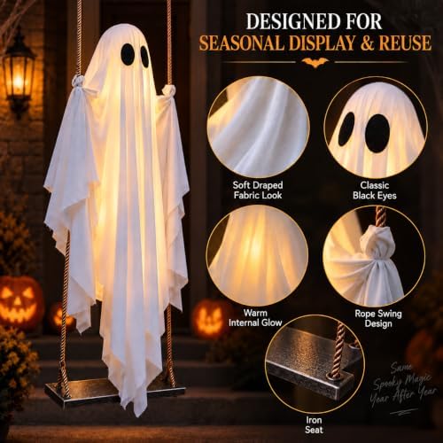 Halloween Hanging Swinging Ghost, 5 FT Light Up Ghost Porch Decor with IP65 R...