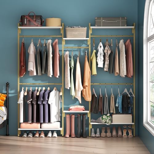 White/Gold Wall Mount Clothes Rack with 5 Hanging Rods, 6 Storage Shelves