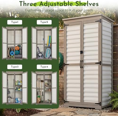 Tall Outdoor Storage Cabinet with Adjustable Shelves, White Plastic & Woo...