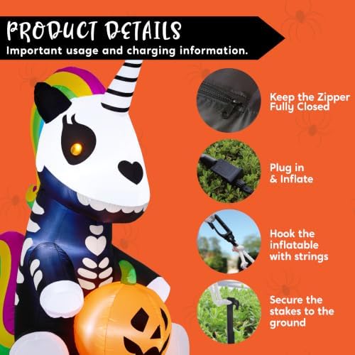 Joiedomi 5 FT Halloween Inflatable Sitting Skeleton Unicorn with LED Lights, ...