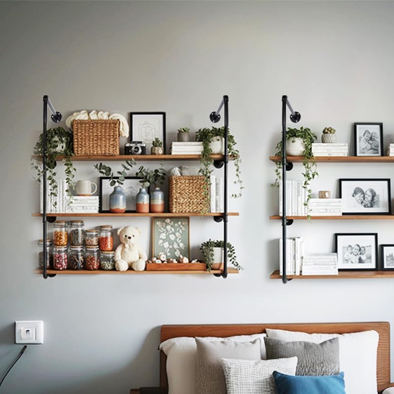 4-Tier Industrial Pipe Shelving Bracket System, Black Iron Wall Mount, DIY Ru...