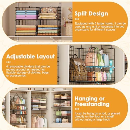 Hanging Closet Organizer with DIY Spacing, Double-Row Closet Hanging Shelves ...