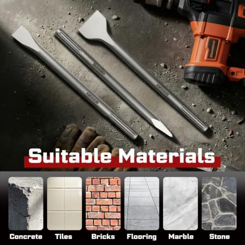 GEINXURN SDS MAX Chisels, 4PCS 12-Inch Long Masonry Chisel Bit Set, 40Cr Stee...