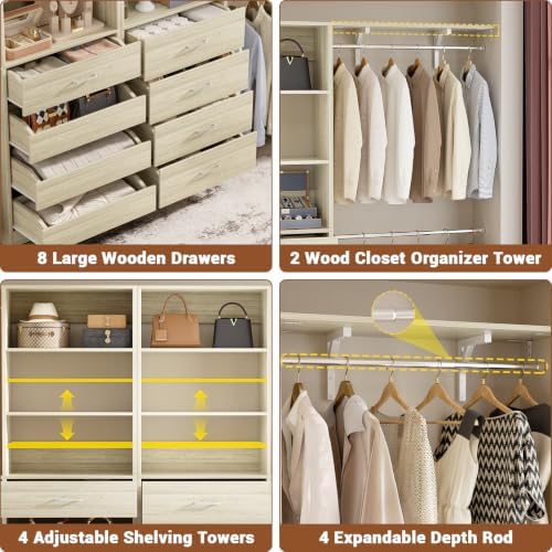 Aheaplus Closet System, Wood Closet Organizer System with 8 Drawers &4 Rods