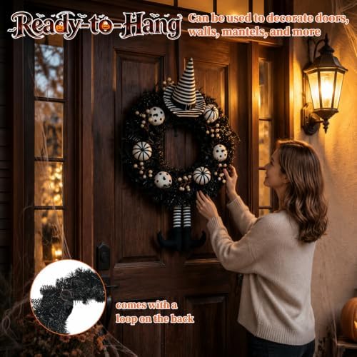 Grooy 24 Inch Halloween Wreath for Front Door with Striped Hat, Legs