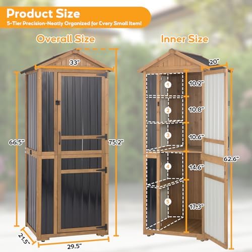 Outdoor Storage Cabinet, Wood & Metal Garden Shed with Waterproof Asphalt...