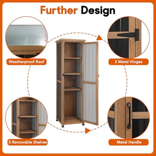 Outdoor Storage Cabinet, Wood & Metal Storage Shed with Weatherproof Roof...