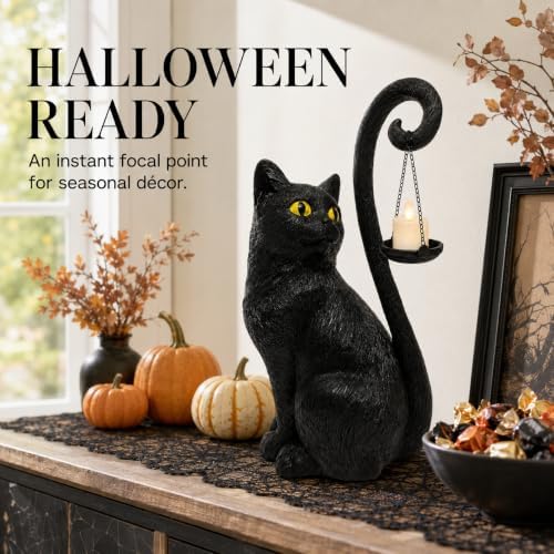 Black Cat Candle Holder Statue Halloween Decor Gothic Cat Lamp Decoration