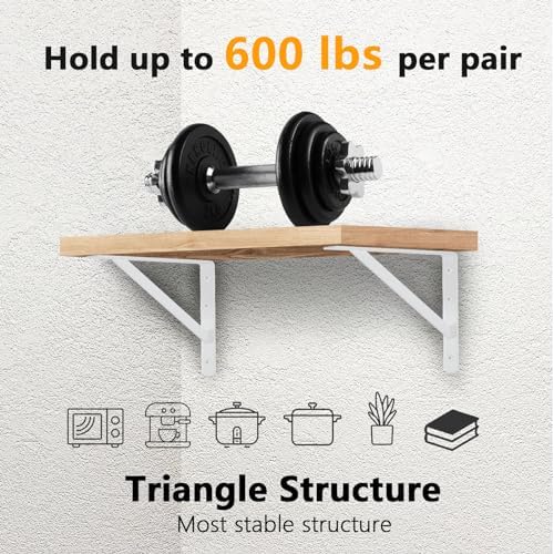 Heavy Duty Shelf Brackets, 12 x 8 Inch White Metal L Brackets, 6 Pack