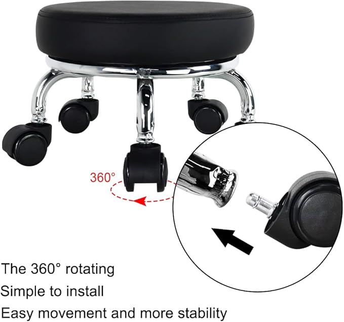 Modern Roller Seat PU Leather Low Round Rolling Stool 360 Swivel Small Stool