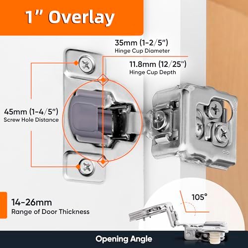 Decobasics 10 Pack Soft Close Cabinet Hinges – 1" Overlay for Kitchen Ca...