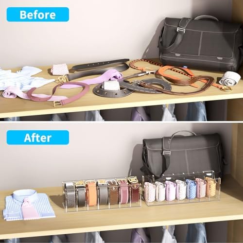 NIUBEE Belt Organizer for Closet, Acrylic Belt Box, Belt Storage, 7 Grids