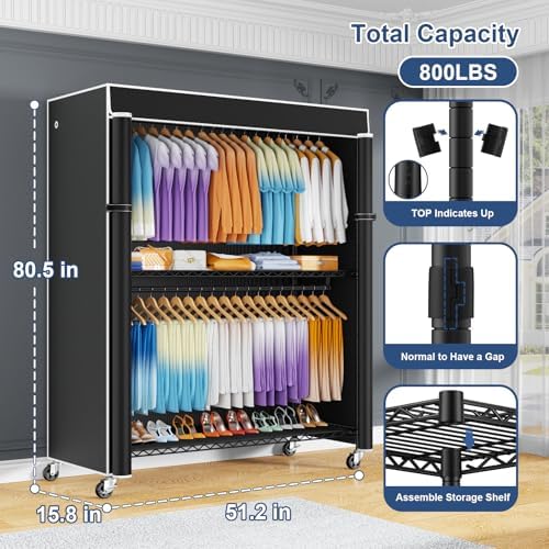 ULIFHOME P8C Max Heavy Duty Clothes Rack（With Extended Width Design） Rolling ...