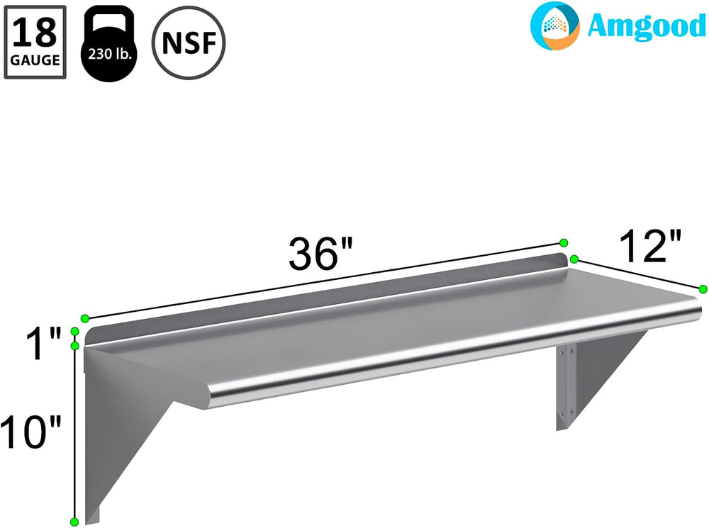 AmGood 12 in. x 36 in. Stainless Steel Wall Shelf with Backsplash - Holds 230...