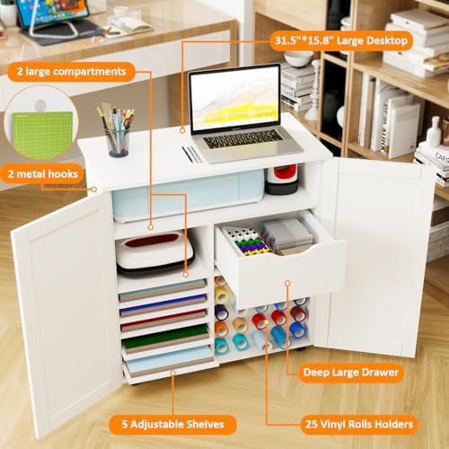 Craft Cart Cabinet Compatible with Cricut for Storage Organization, Rolling C...