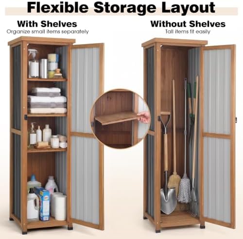 62" H Tall Narrow Outdoor Storage Cabinet with Metal Top, Outdoor Shed S...