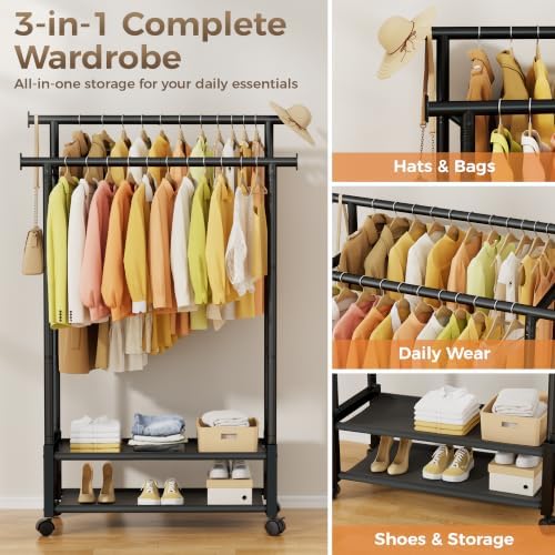 Double Rod Clothing Rack with 2 Shelves, Rolling, Black
