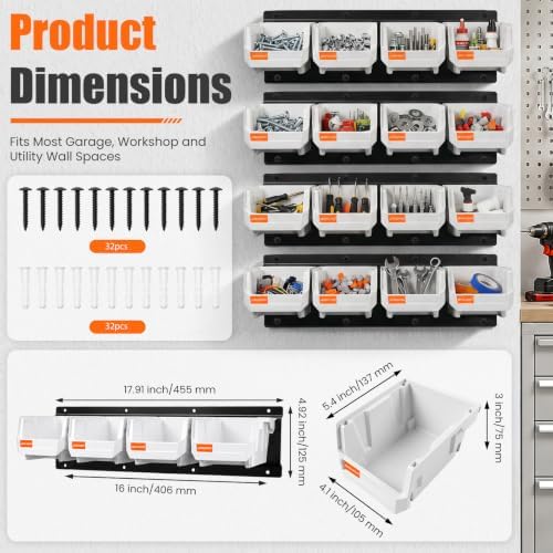 Wall Mounted Storage Bins, Plastic Hanging Hardware Organizer Bins,White