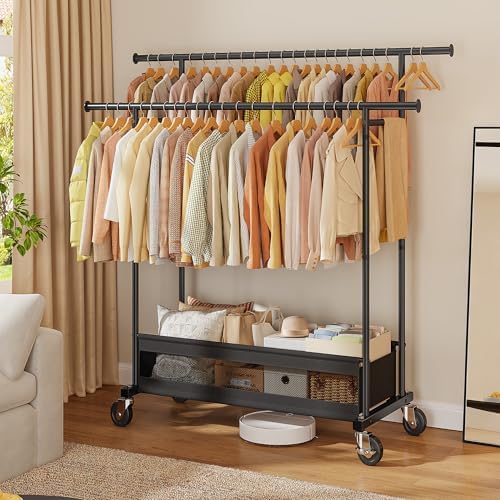 Clothes Rack 210 LBS Double Rods Extra Storage Basket