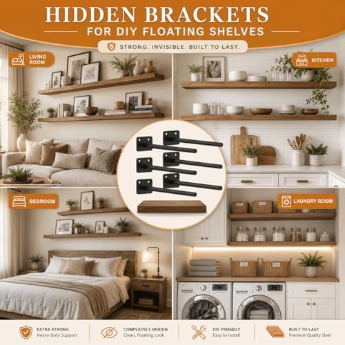 Floating Shelf Brackets, 12 inch Hidden Shelf Brackets Heavy Duty Blind Shelf...