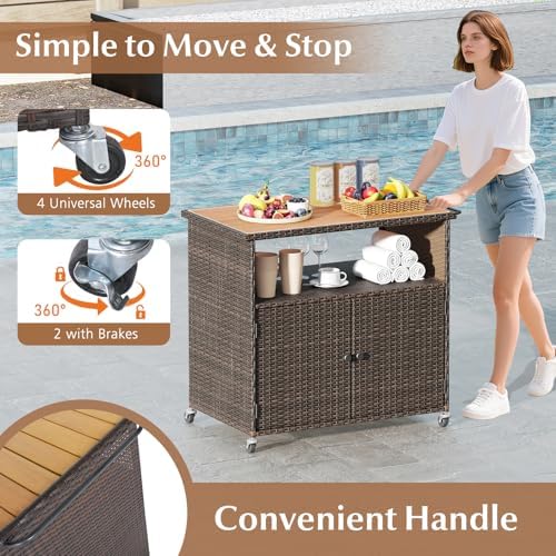 HAPPYGRILL Outdoor Storage Cabinet with Wheels, PE Rattan Patio Buffet Sidebo...