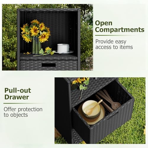 HAPPYGRILL Outdoor Storage Cabinet PE Rattan Wicker Storage Shed Organizer wi...