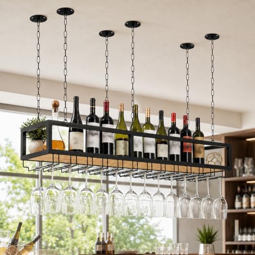 Ceiling Wine Glass Rack with Glass Holder, 31.4in Metal Hanging Bar Shelf
