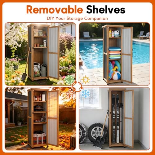 Outdoor Storage Cabinet, Wood & Metal Storage Shed with Weatherproof Roof...