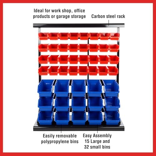 47-Bin Garage Organization Rack (15 Large, 32 Small) - Tabletop or Wall Mount...