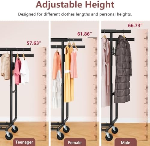 Hoctieon 2-Minute Assembly Double Rod Clothes Rack, Heavy Duty Rolling Clothi...