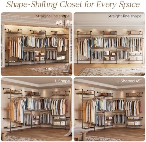 Wall Mounted Closet System, 5-Row Heavy Duty Garment Rack, Black and Gold