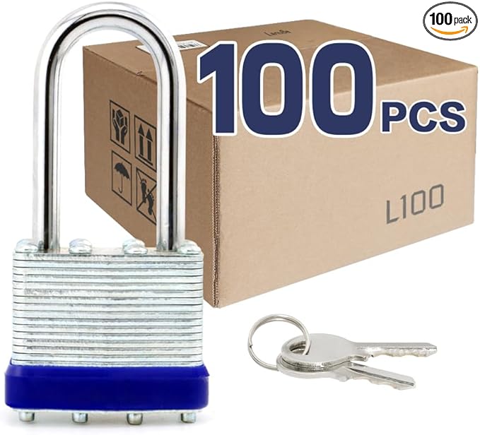LanuBe Laminated Padlock 1-9/16inch Long Shackle 100 Pack Keyed Alike, Bulk