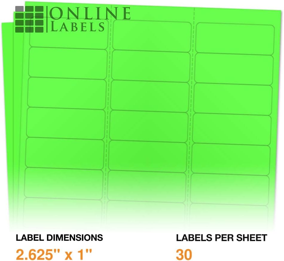 OnlineLabels 2.625" x 1" 30-Up Labels - Fluorescent Green - 100 Sheets