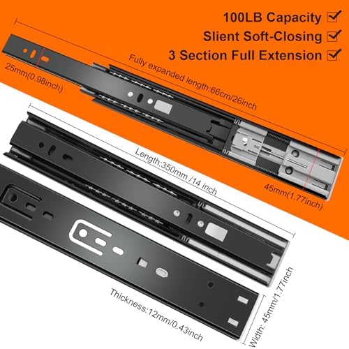14 inch Drawer Slides 6 Pairs (12pcs) Soft Close 3 fold Full Extension Side M...