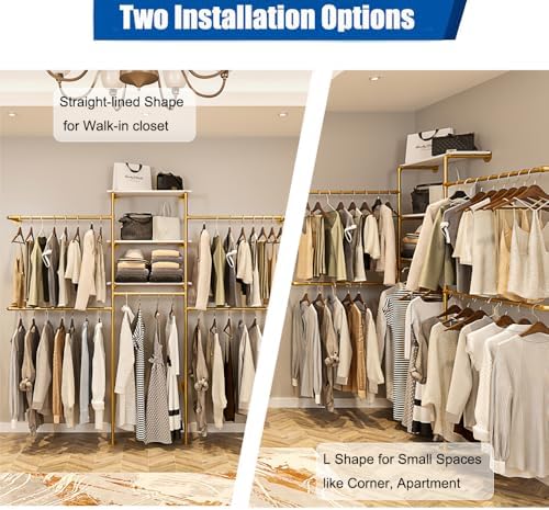 KaKaBB Heavy Duty Gold Pipe Clothing Rack - Wall Mounted Industrial Clothes R...