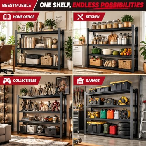 Garage Shelving, 2400 LBS Heavy Duty Metal Storage Shelves, 4-Tier Adjustable...