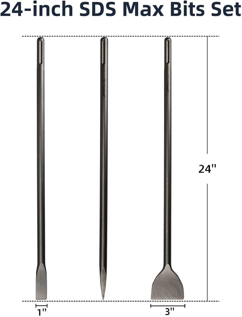 24 Inch SDS Max 3pc Set - 1 Inch Flat Chisel, Point Chisel and 3 Inch Scaling...