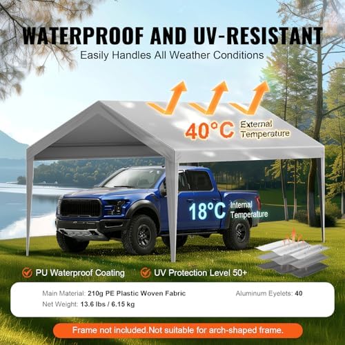 VEVOR Carport Replacement Canopy Cover 10 x 20 ft, Garage Top Tent Shelter Ta...