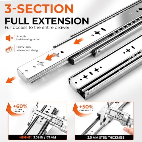 30 Inch Heavy Duty Drawer Slides, 250 lb Full Extension, Side Mount